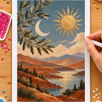 Hands placing drills on the moon and sun over terracotta hills diamond painting canvas