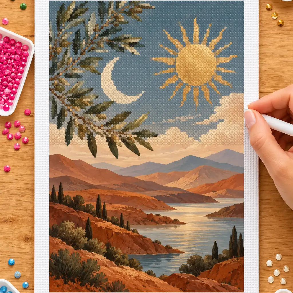 Hands placing drills on the moon and sun over terracotta hills diamond painting canvas