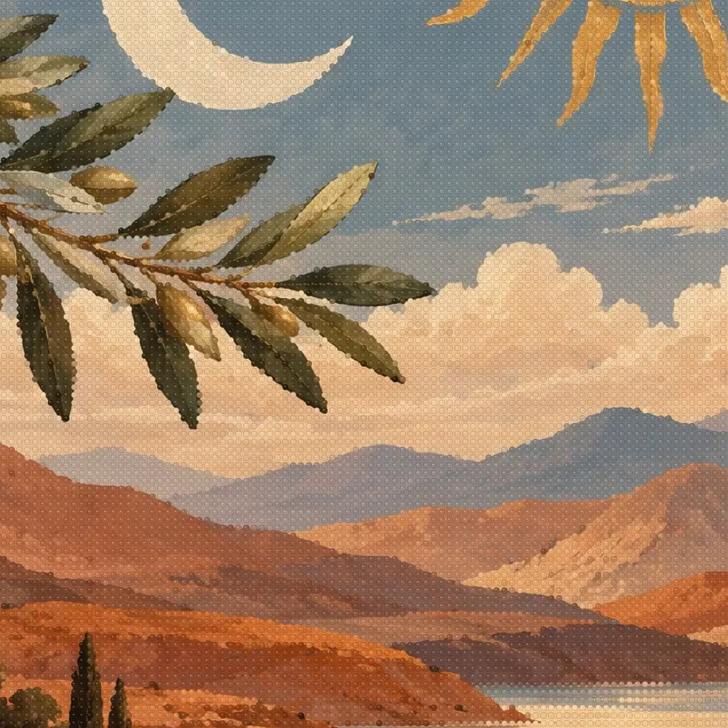 Close-up diamond detail of the moon and sun over terracotta hills diamond painting