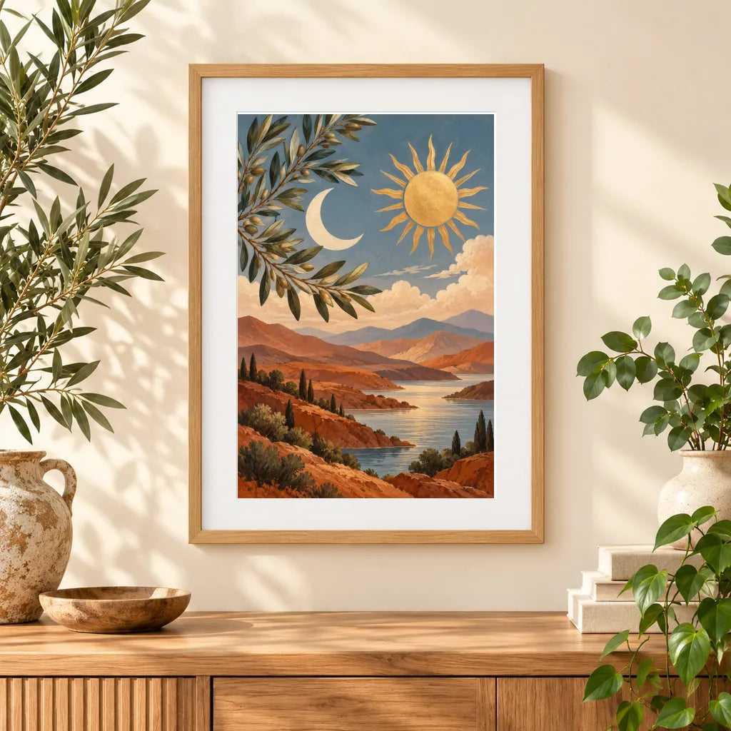 Framed home display of the moon and sun over terracotta hills diamond painting