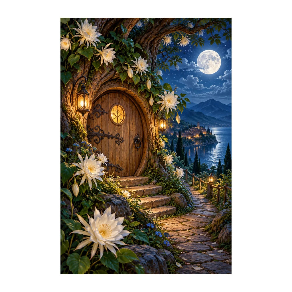 White-background original artwork of a moonlit garden door beneath white blossoms