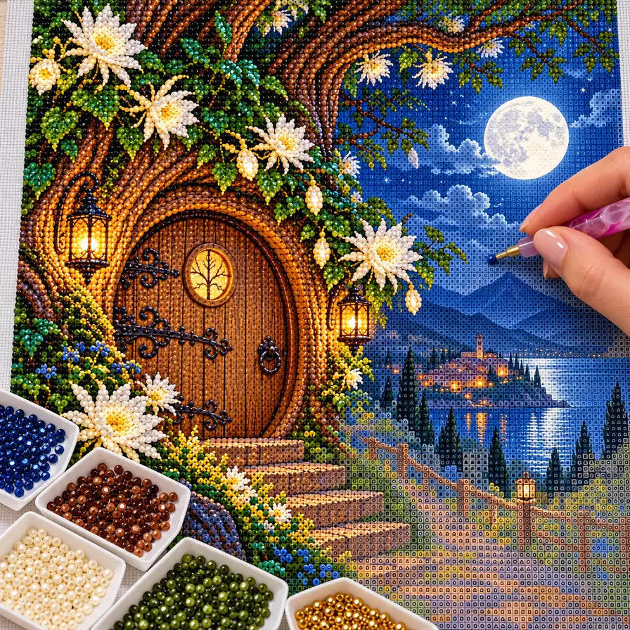 Hands applying drills to the moonlit garden door diamond painting