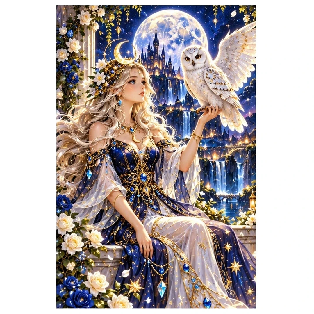Moon Goddess White Owl diamond painting kit original artwork on white