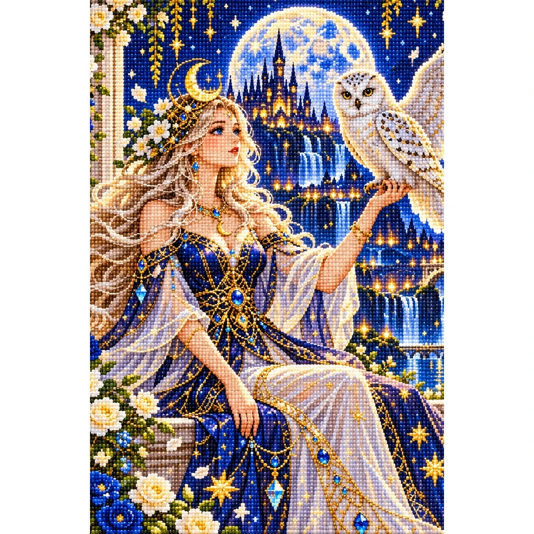 Moon Goddess White Owl finished diamond painting on white