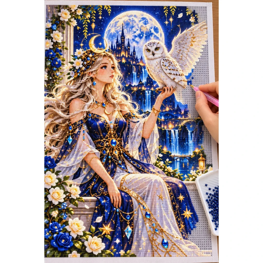 Moon Goddess White Owl diamond painting process