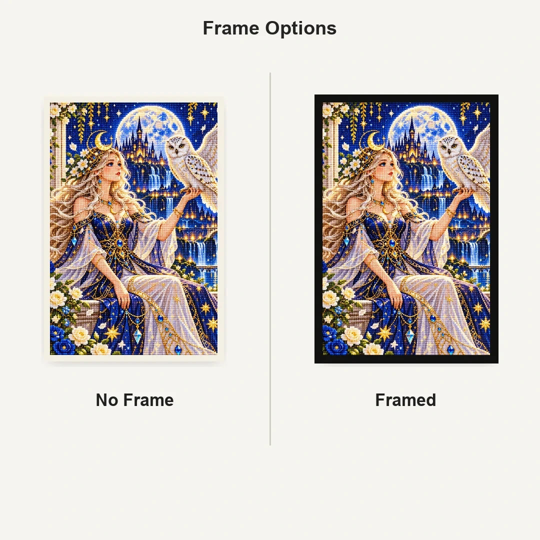Moon Goddess White Owl No Frame and Framed comparison