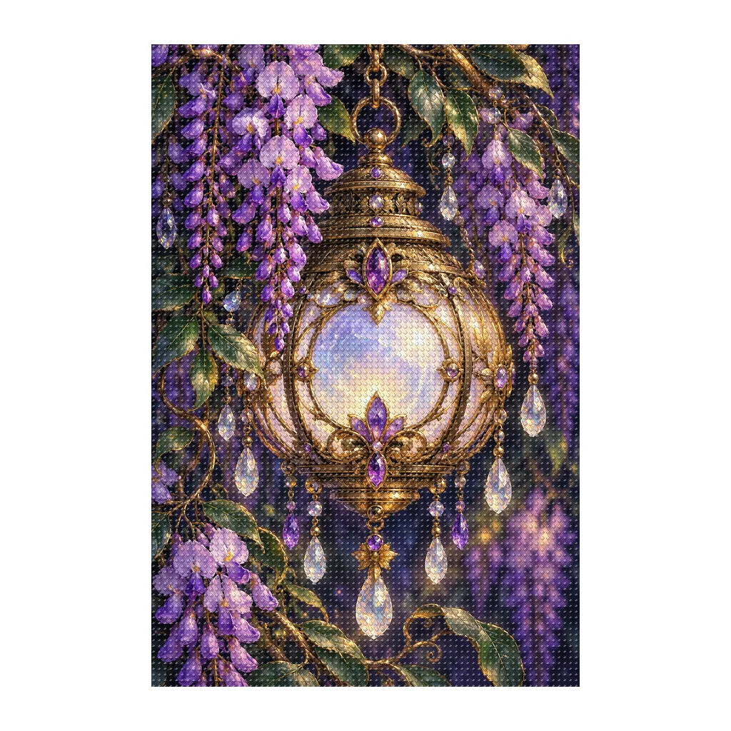 Finished white-background diamond painting of Moon Lantern and Wisteria
