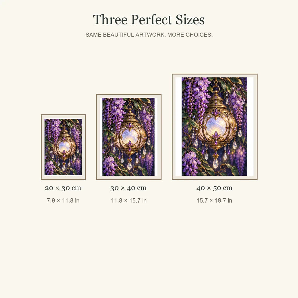 Moon Lantern and Wisteria diamond painting in 20 by 30, 30 by 40, and 40 by 50 centimeter sizes