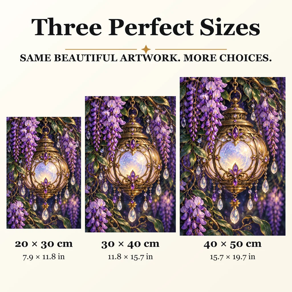 Moon Lantern and Wisteria diamond painting in 20 by 30, 30 by 40, and 40 by 50 centimeter sizes