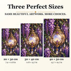 Moon Lantern and Wisteria diamond painting in 20 by 30, 30 by 40, and 40 by 50 centimeter sizes