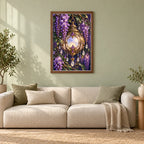 Framed Moon Lantern and Wisteria diamond painting displayed in a home interior
