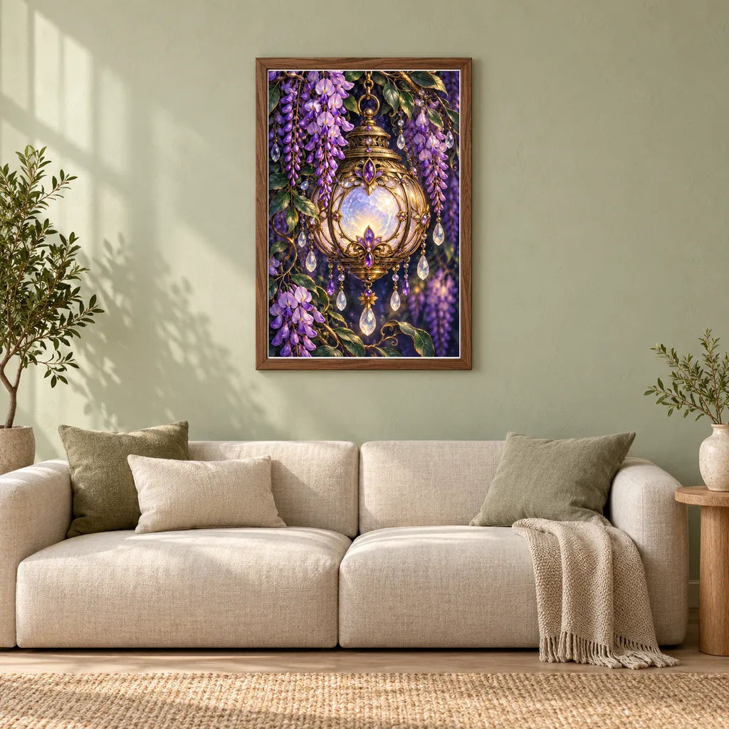 Framed Moon Lantern and Wisteria diamond painting displayed in a home interior