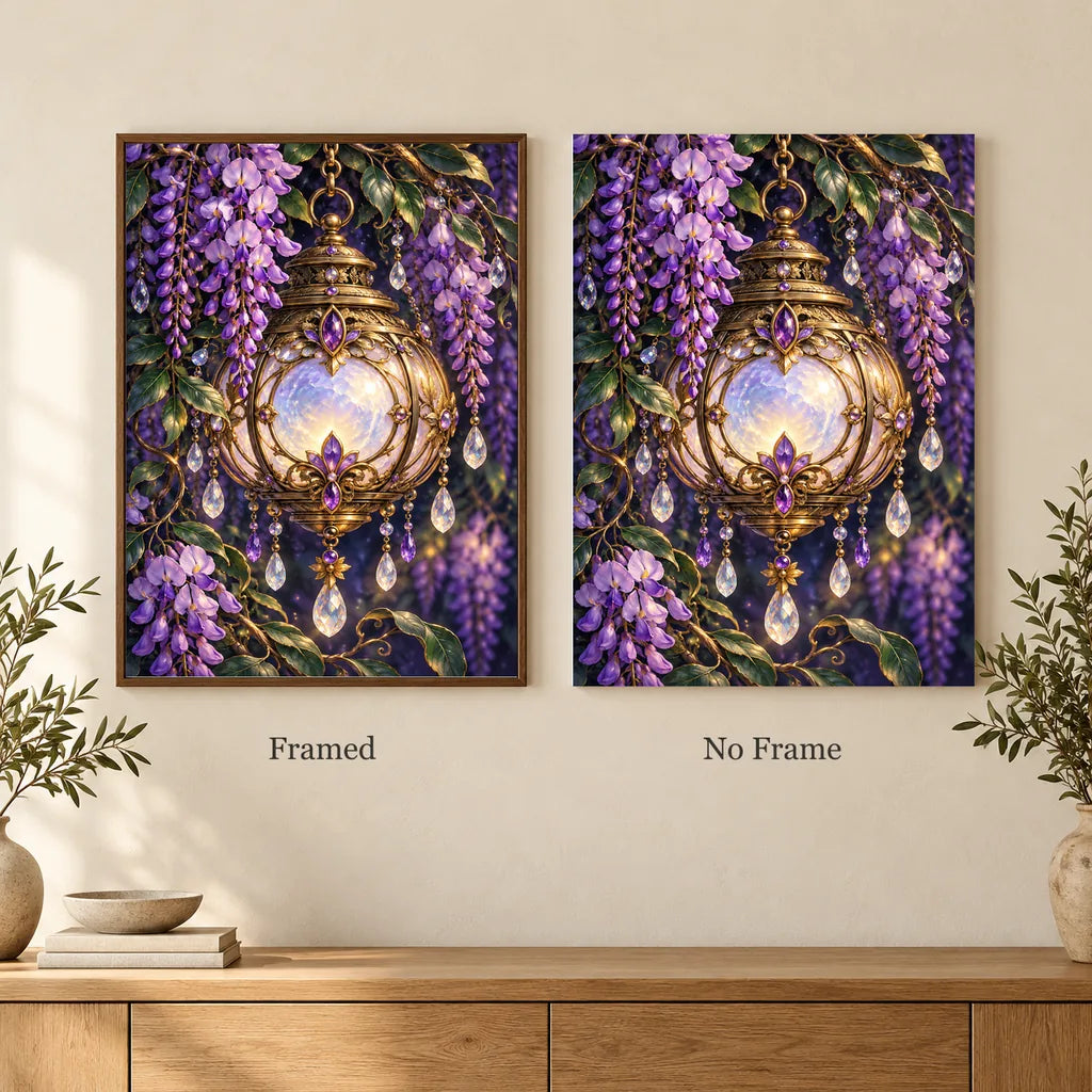 Framed and no-frame options for the Moon Lantern and Wisteria diamond painting