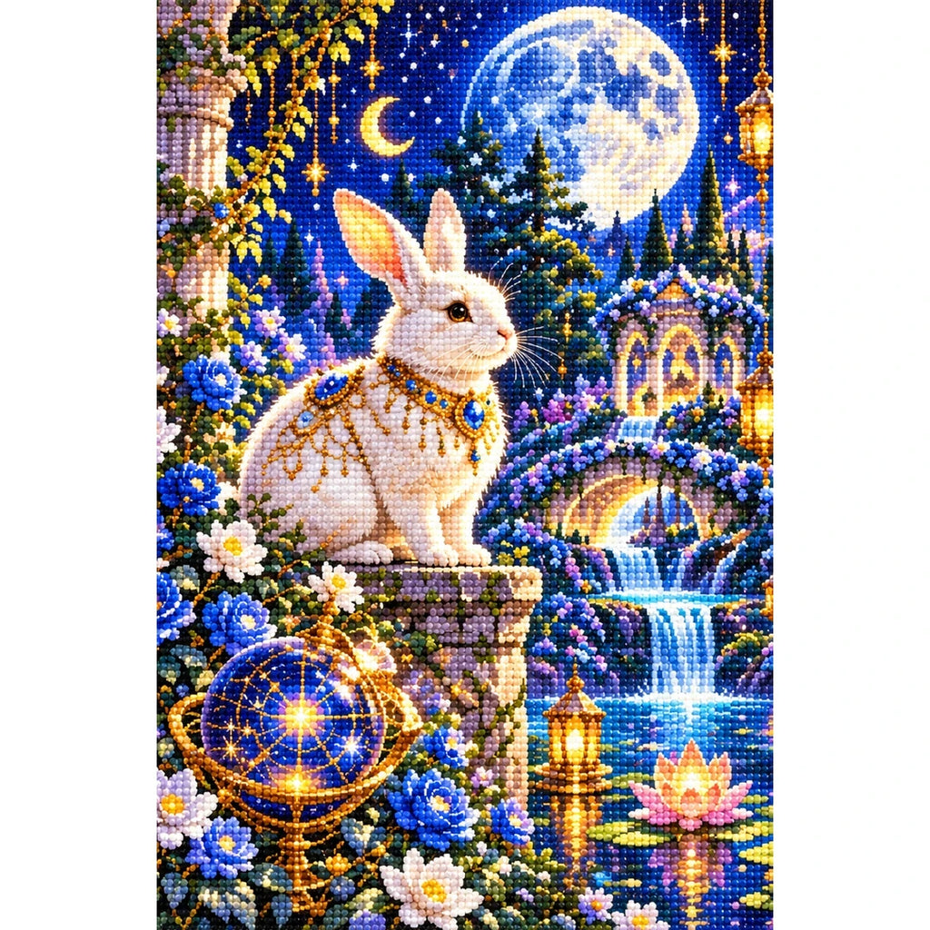 Moon Rabbit Celestial Garden finished diamond painting on white