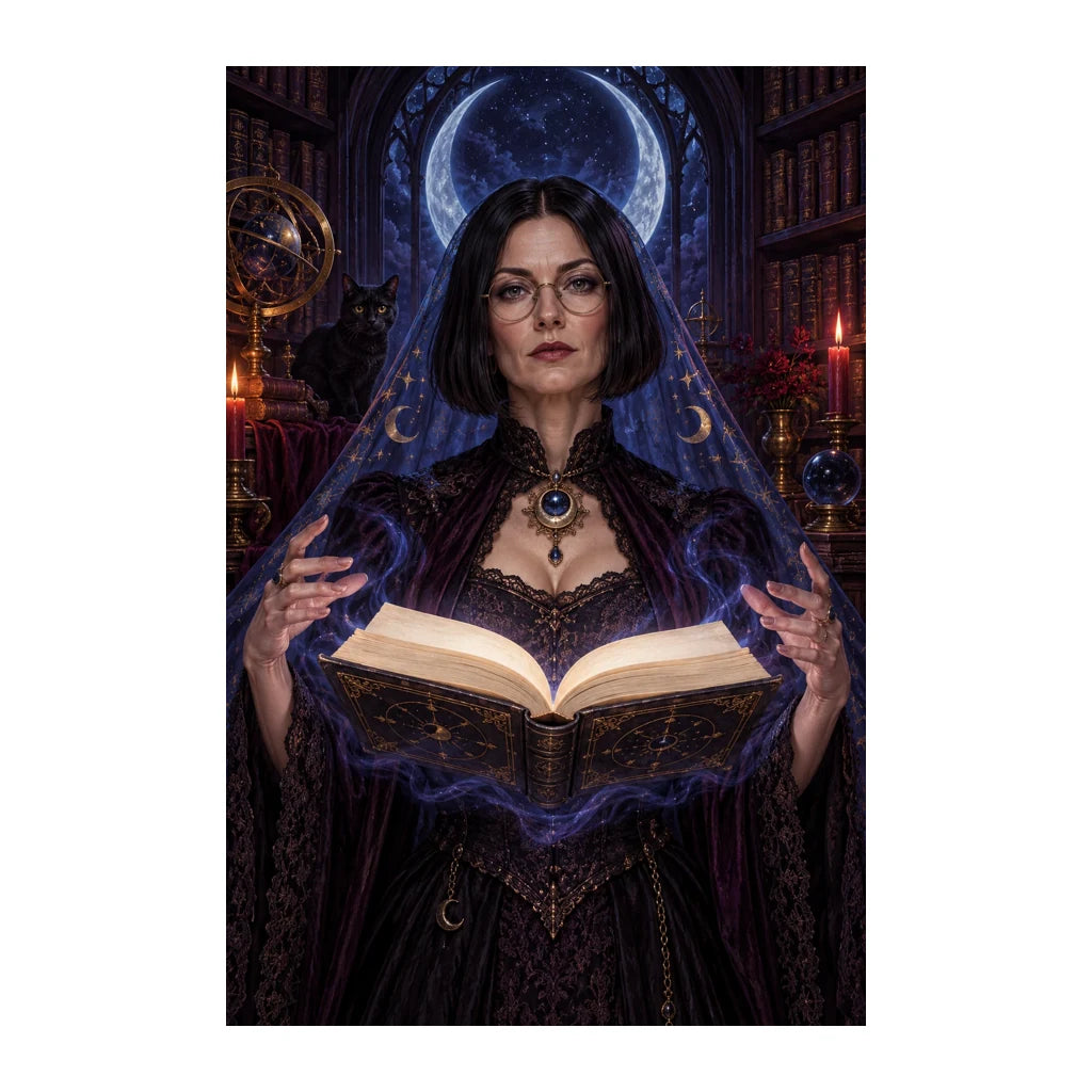 Original artwork of a mystic woman holding an open book in an ornate gothic library.