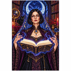 Finished diamond painting of a mystic woman with an open book on a white background.