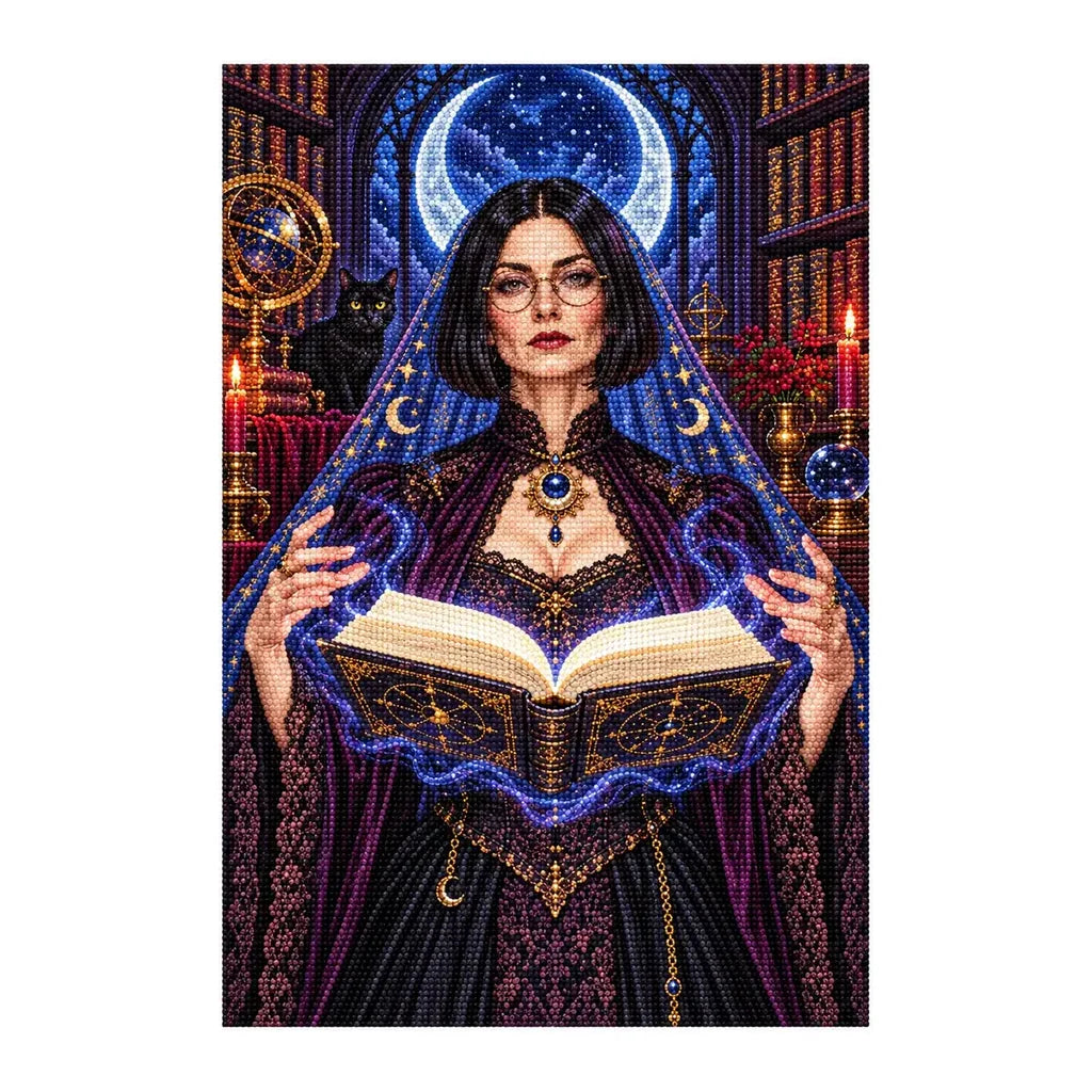 Finished diamond painting of a mystic woman with an open book on a white background.