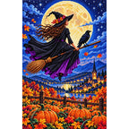 Moon Witch Raven Pumpkin Field — finished diamond painting on a white background