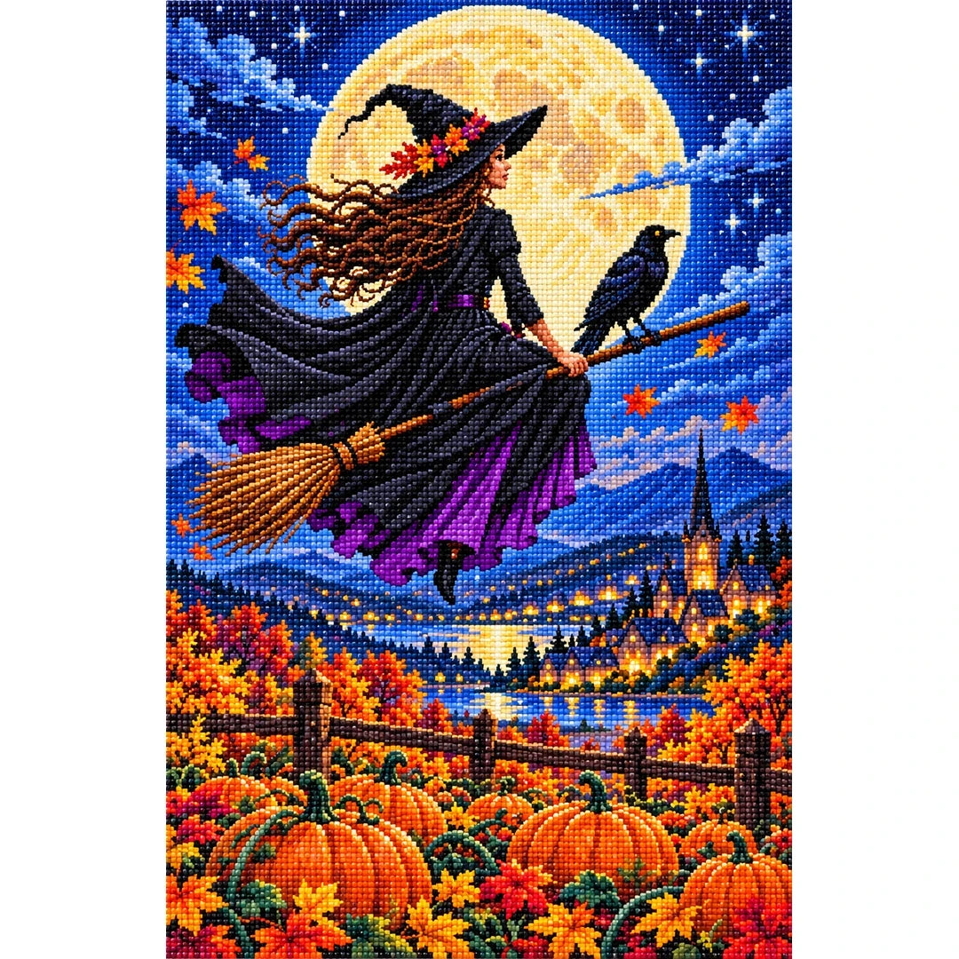 Moon Witch Raven Pumpkin Field — finished diamond painting on a white background