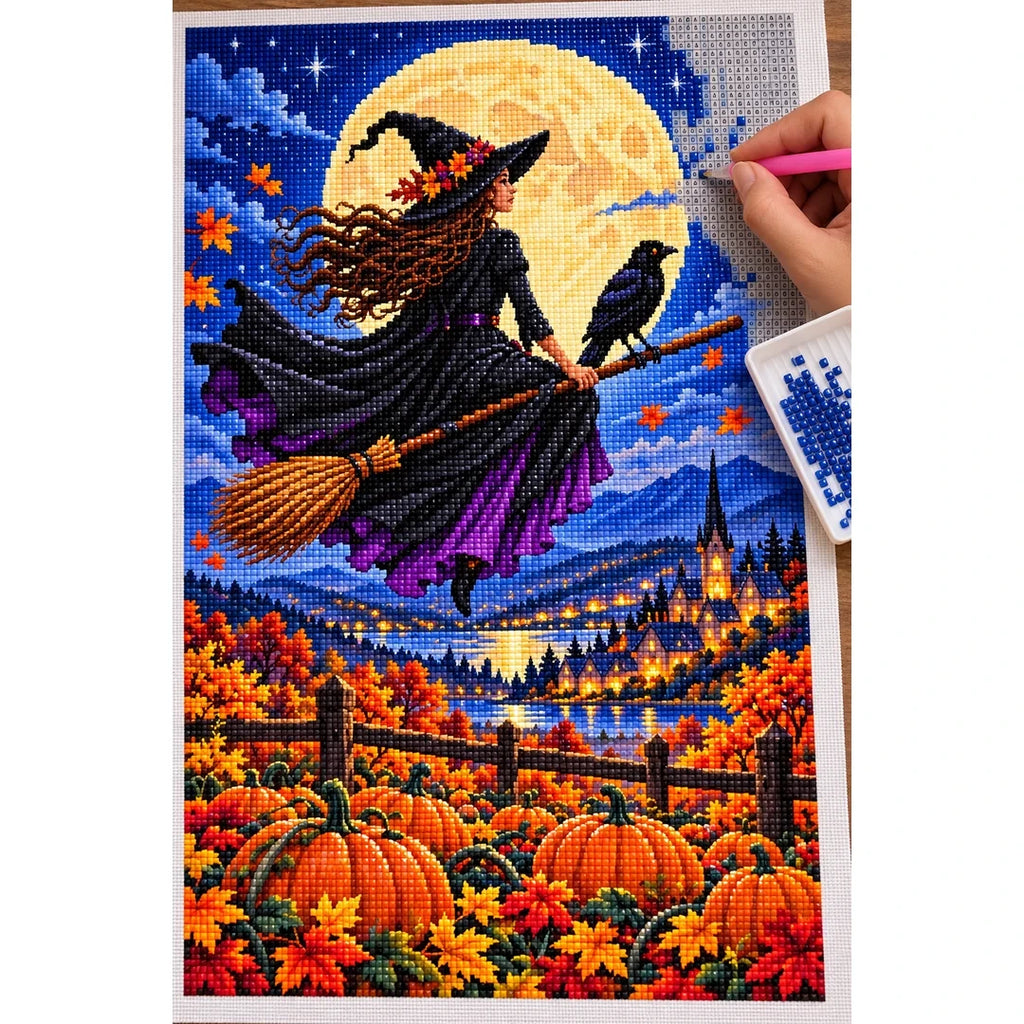 Moon Witch Raven Pumpkin Field — diamond painting process with applicator pen
