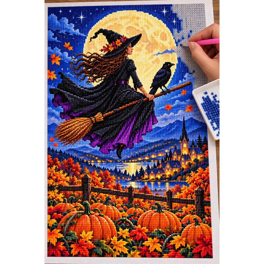 Moon Witch Raven Pumpkin Field — diamond painting process with applicator pen