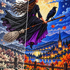 Moon Witch Raven Pumpkin Field — close-up canvas and resin drill detail