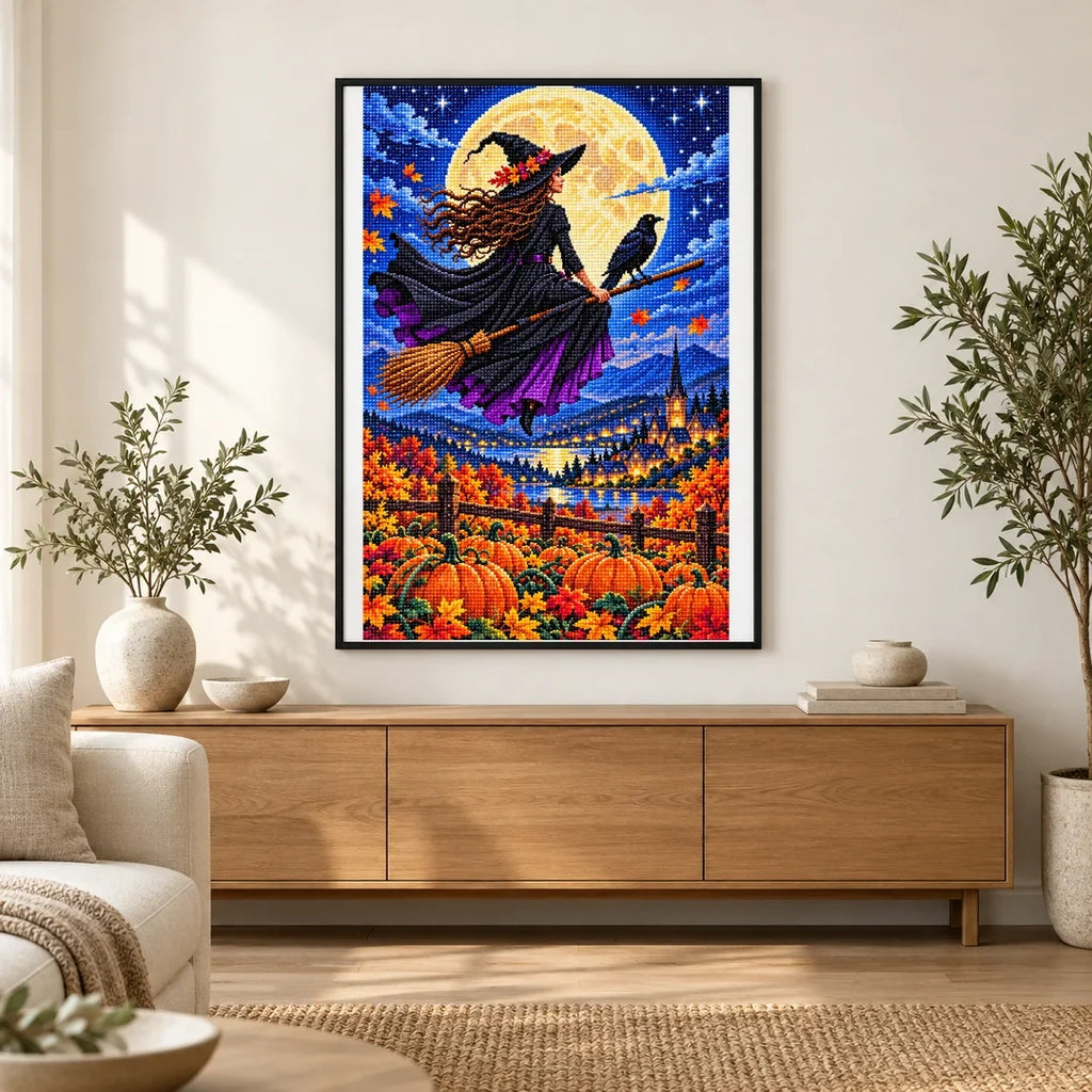 Moon Witch Raven Pumpkin Field — finished diamond painting displayed in a home interior