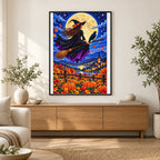 Moon Witch Raven Pumpkin Field — finished diamond painting displayed in a home interior