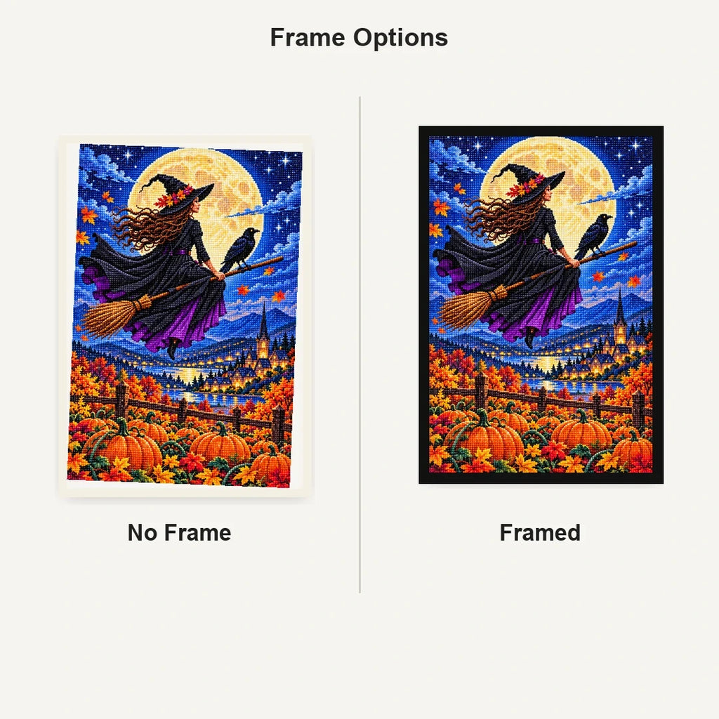 Moon Witch Raven Pumpkin Field — No Frame and Framed style comparison