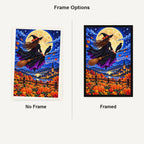 Moon Witch Raven Pumpkin Field — No Frame and Framed style comparison