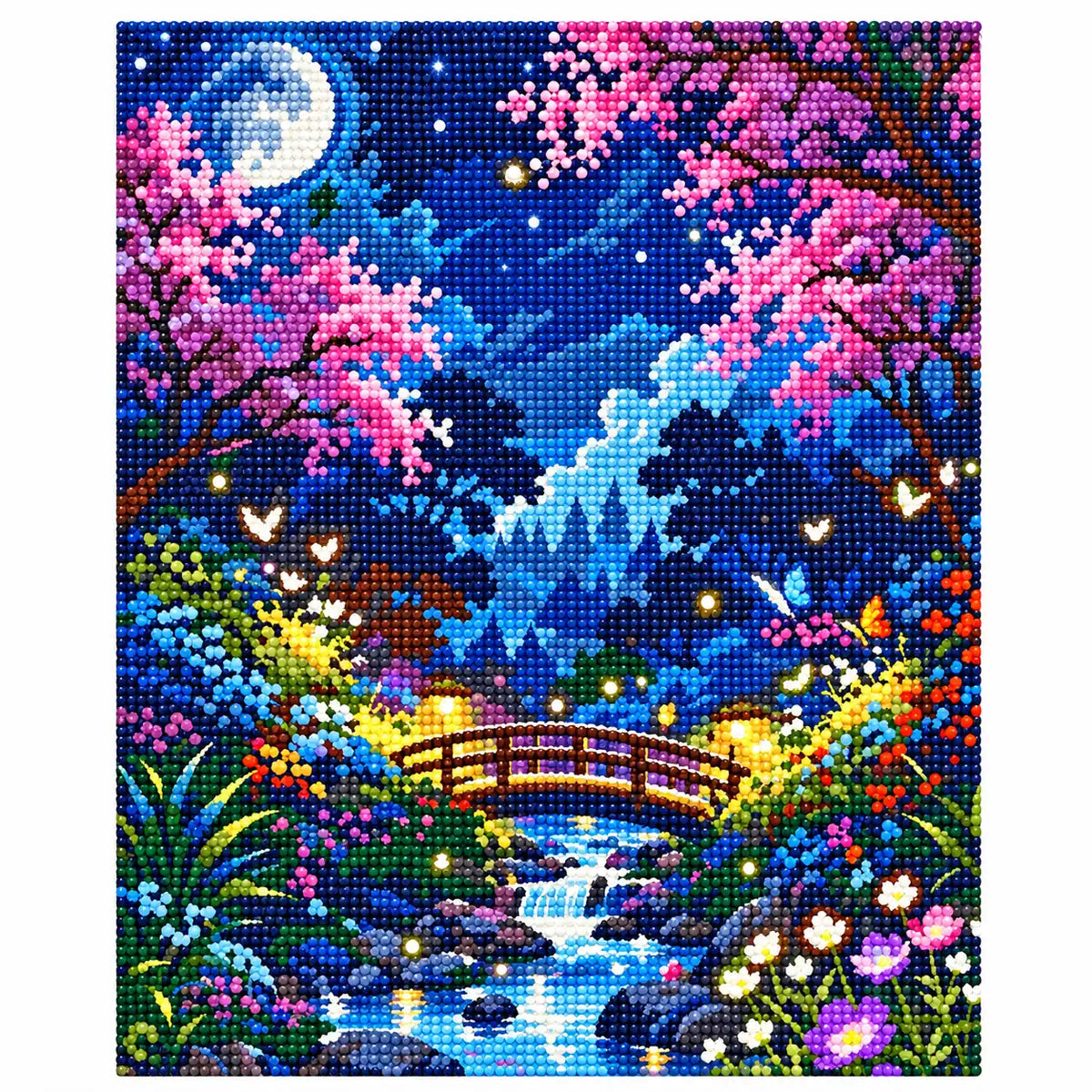 Finished diamond painting for Moonlight Blossoms Over Stream Diamond Painting Kit
