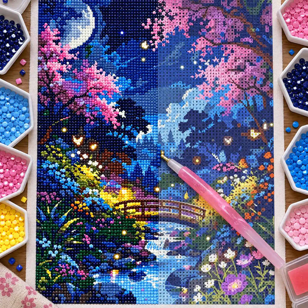 Diamond painting process for Moonlight Blossoms Over Stream Diamond Painting Kit