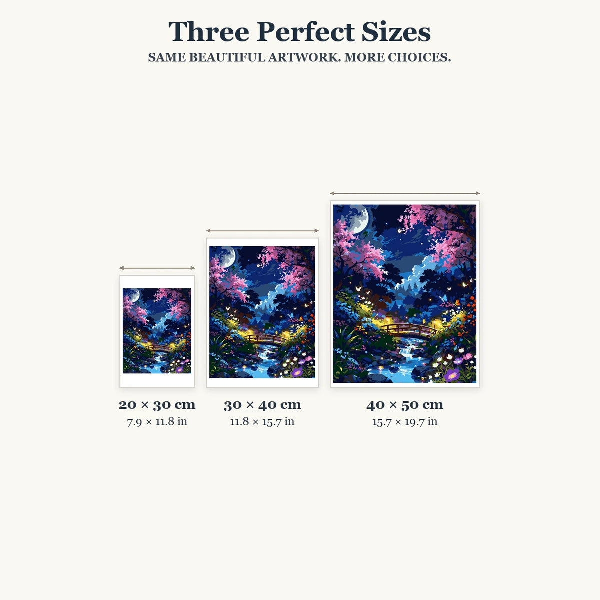 Size guide for Moonlight Blossoms Over Stream Diamond Painting Kit