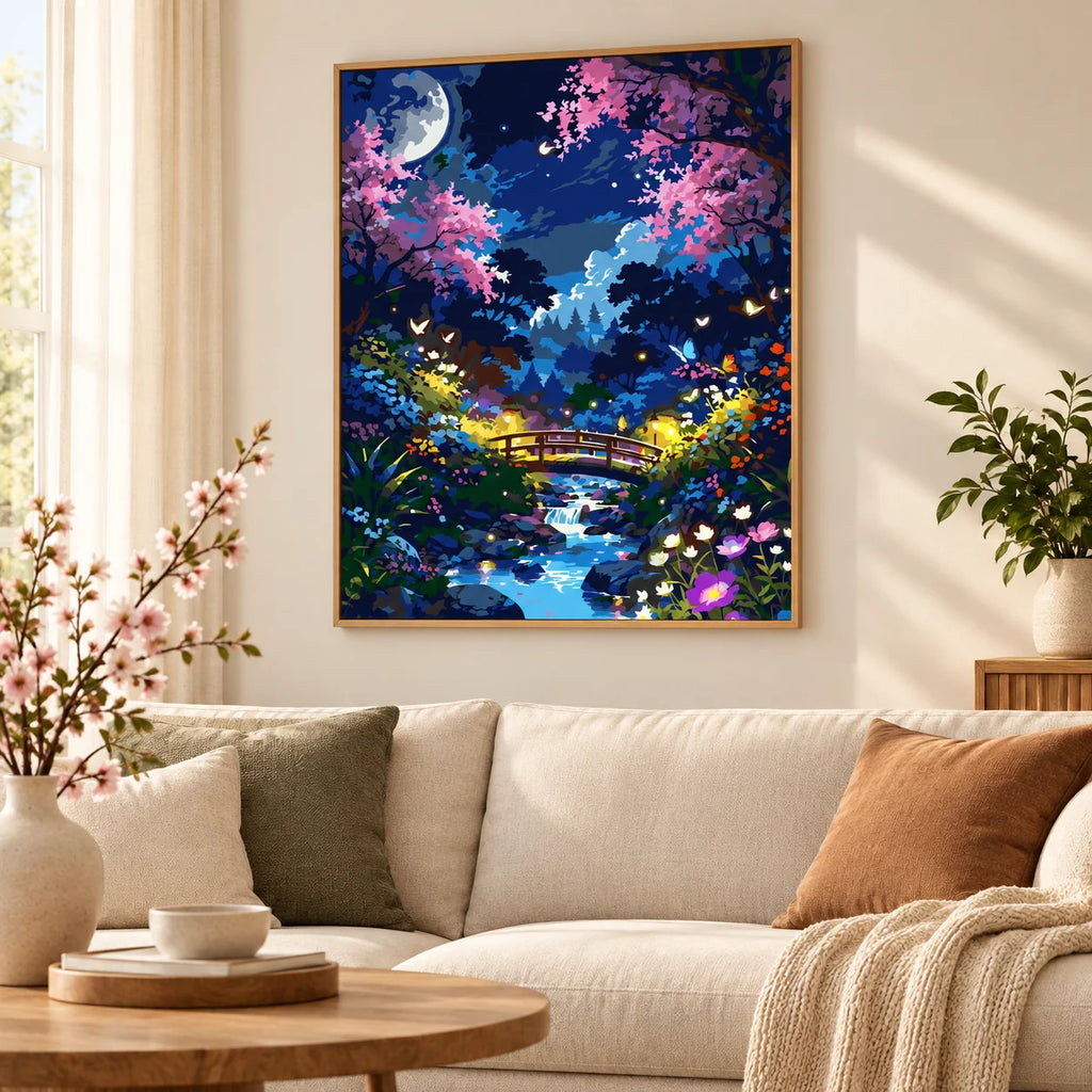 Home decor scene for Moonlight Blossoms Over Stream Diamond Painting Kit