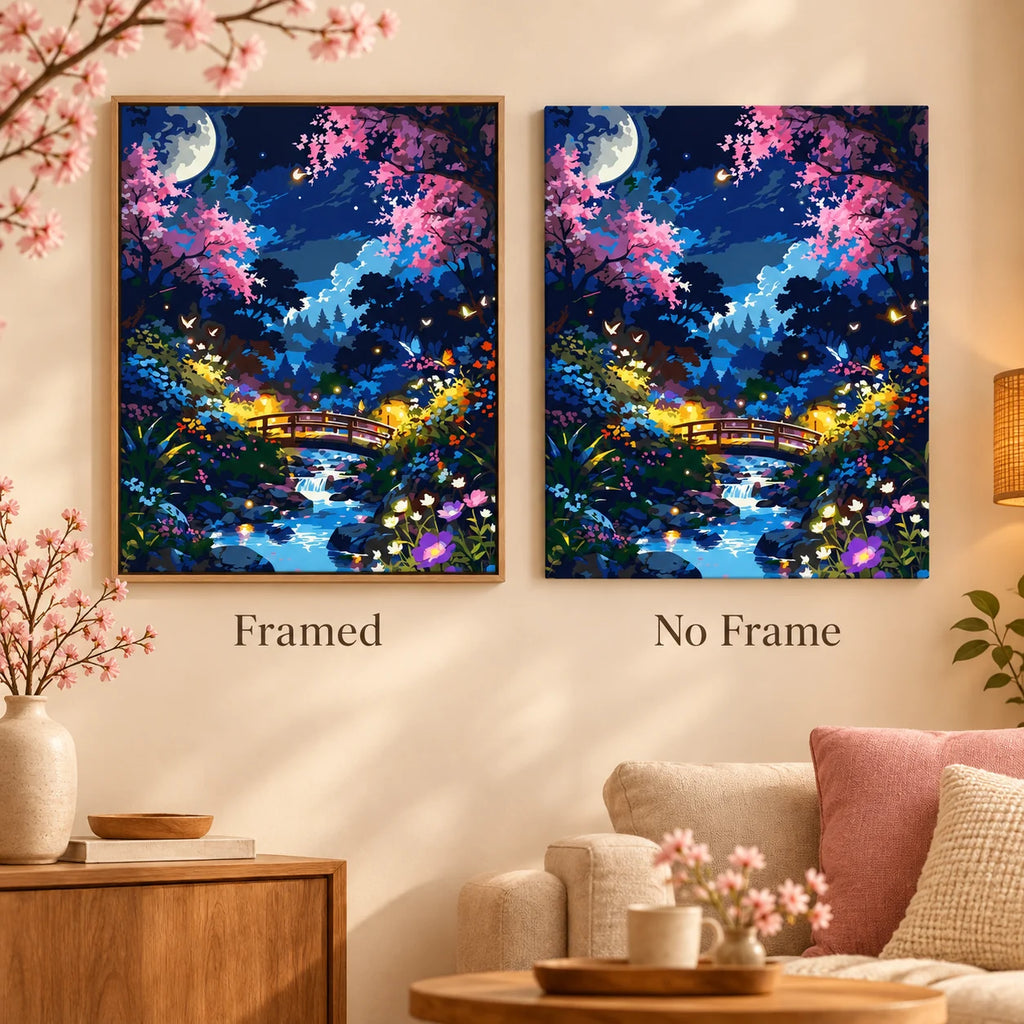 Framed and no-frame comparison for Moonlight Blossoms Over Stream Diamond Painting Kit