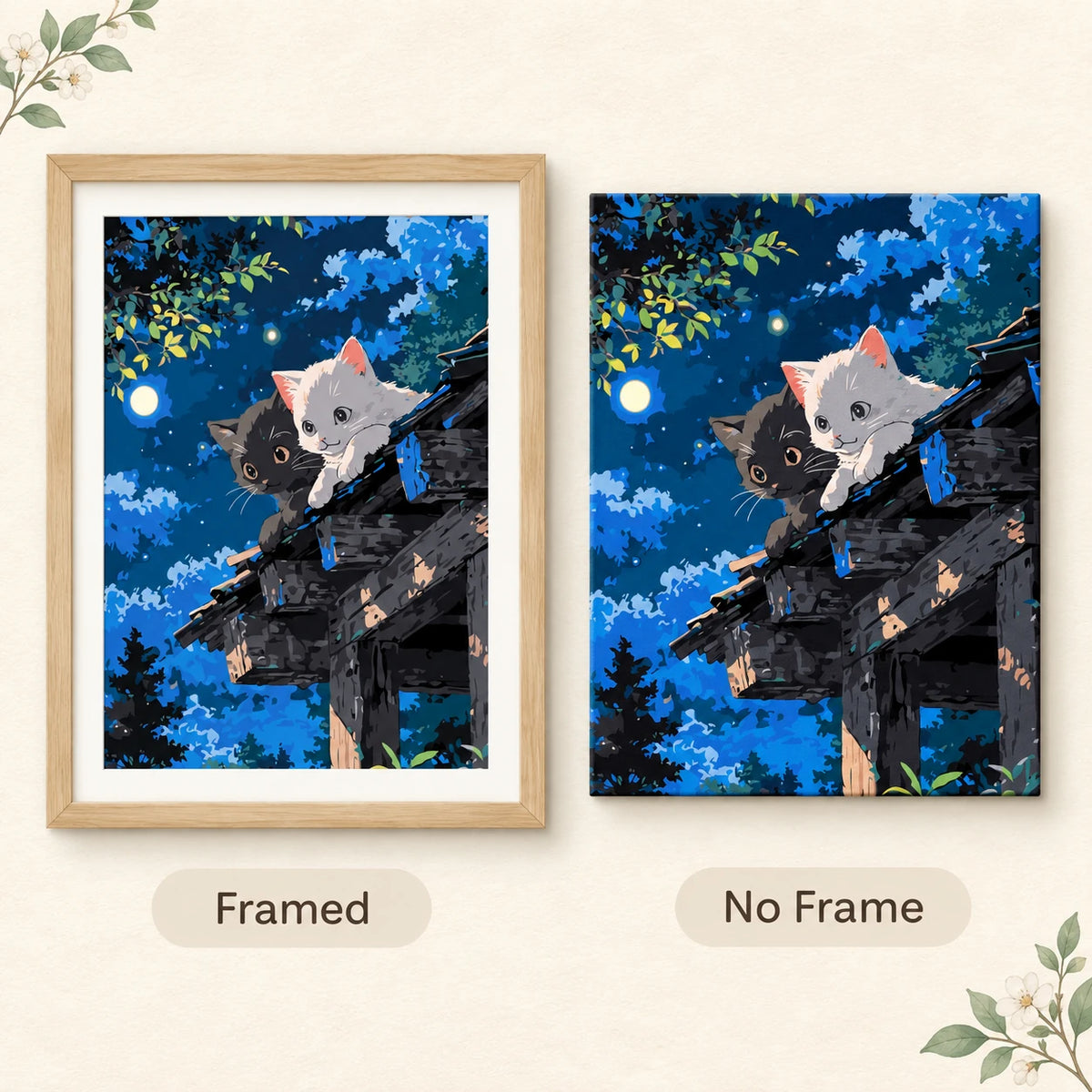 Framed and no-frame comparison for Moonlight Curiosity Diamond Painting Kit