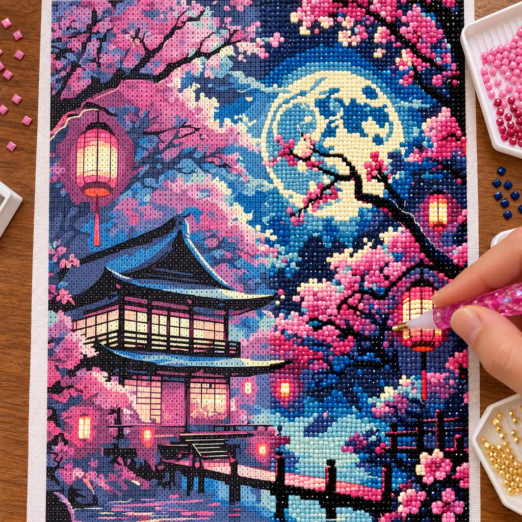 Diamond painting process for Moonlight Over Sakura Pavilion Diamond Painting Kit