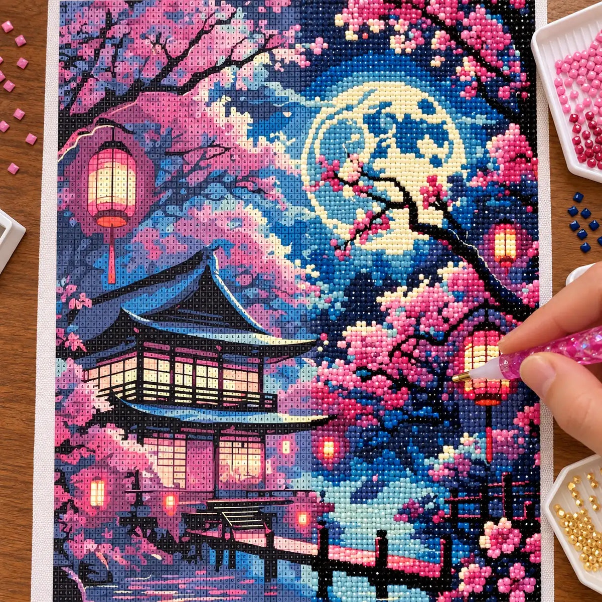 Diamond painting process for Moonlight Over Sakura Pavilion Diamond Painting Kit