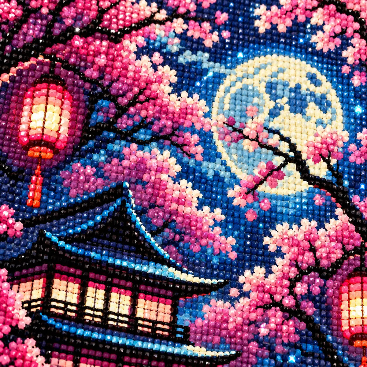 Diamond detail for Moonlight Over Sakura Pavilion Diamond Painting Kit