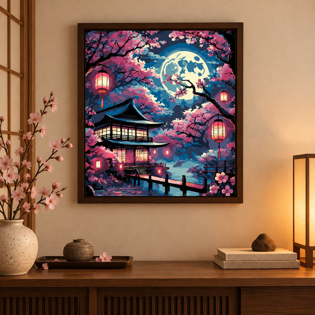 Home decor scene for Moonlight Over Sakura Pavilion Diamond Painting Kit