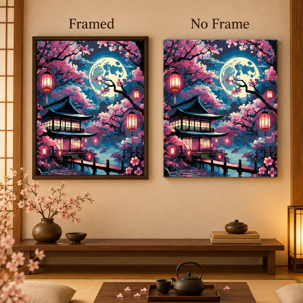 Framed and no-frame comparison for Moonlight Over Sakura Pavilion Diamond Painting Kit
