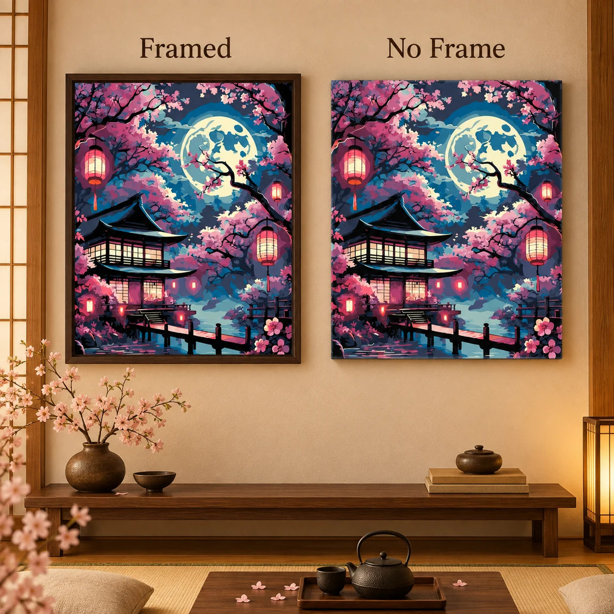 Framed and no-frame comparison for Moonlight Over Sakura Pavilion Diamond Painting Kit