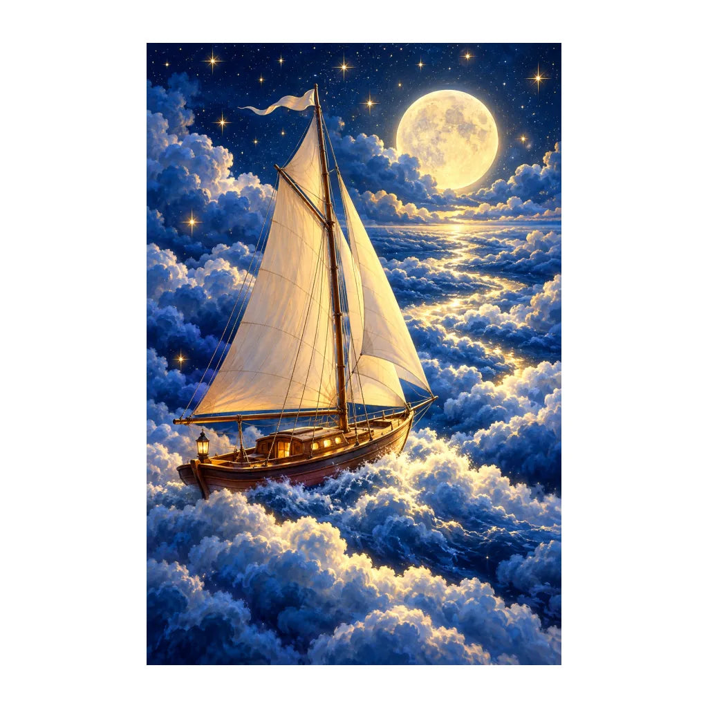 White-background original artwork of moonlight sailing ship
