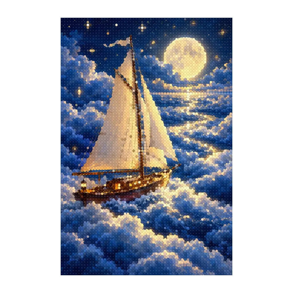 White-background finished diamond painting of moonlight sailing ship