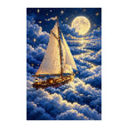 White-background finished diamond painting of moonlight sailing ship