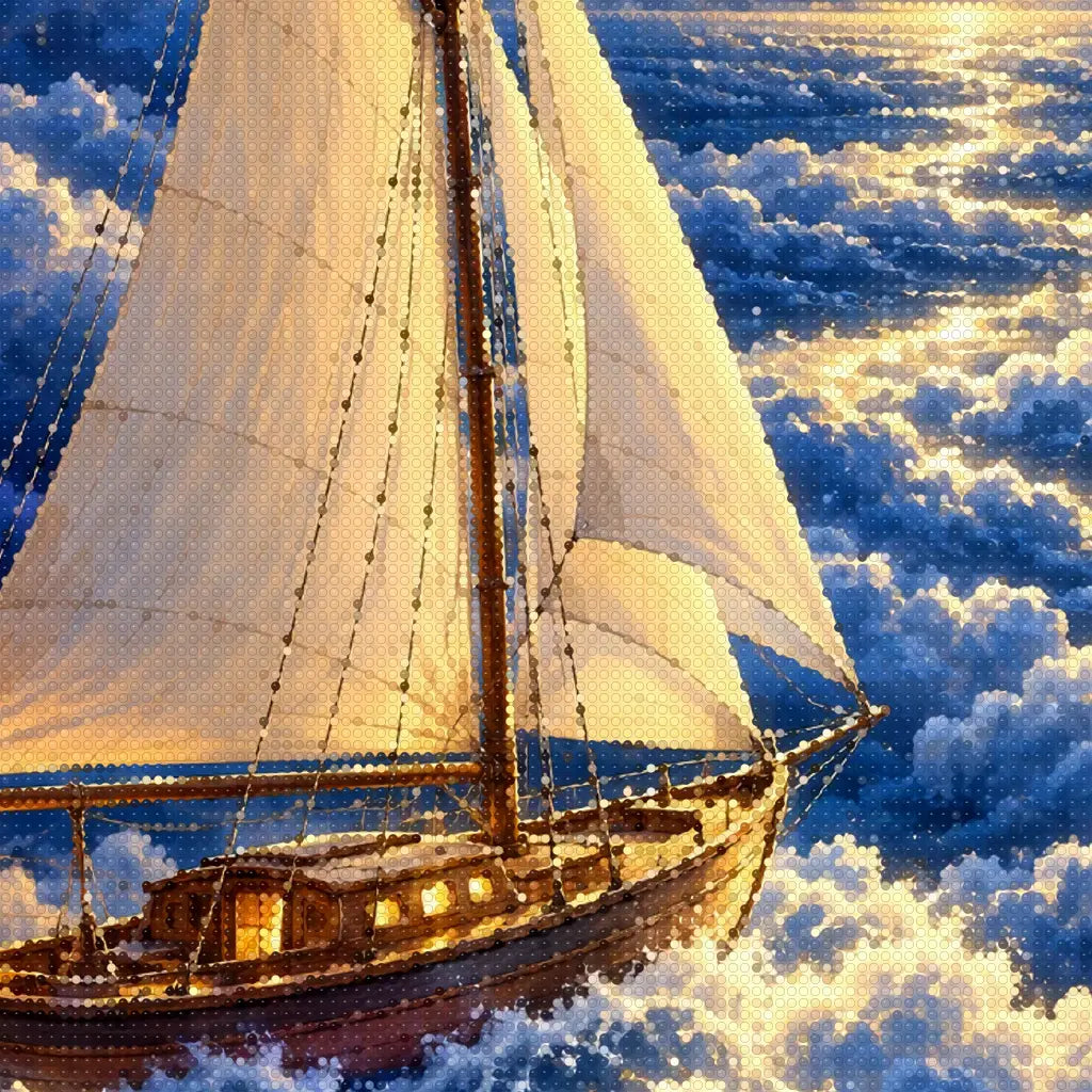 Close-up diamond detail of the moonlight sailing ship diamond painting