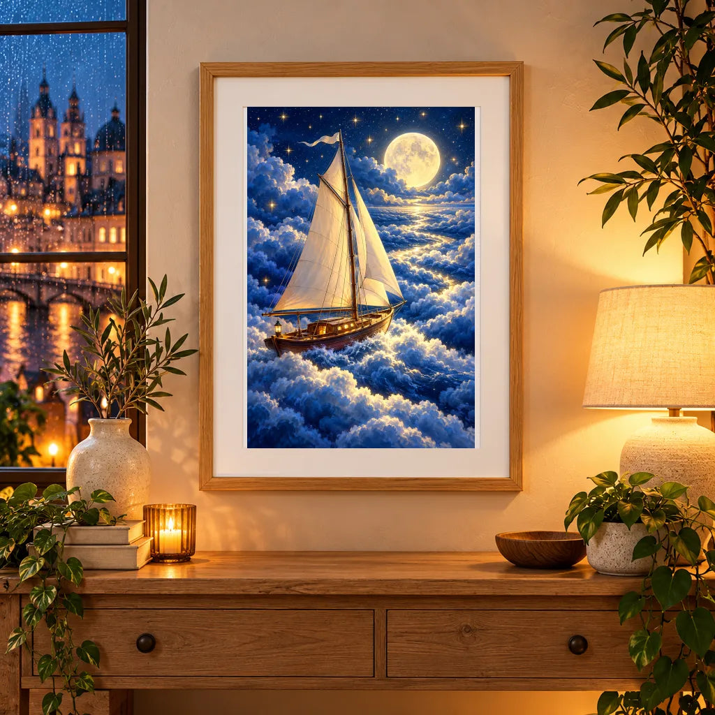 Framed home display of the moonlight sailing ship diamond painting