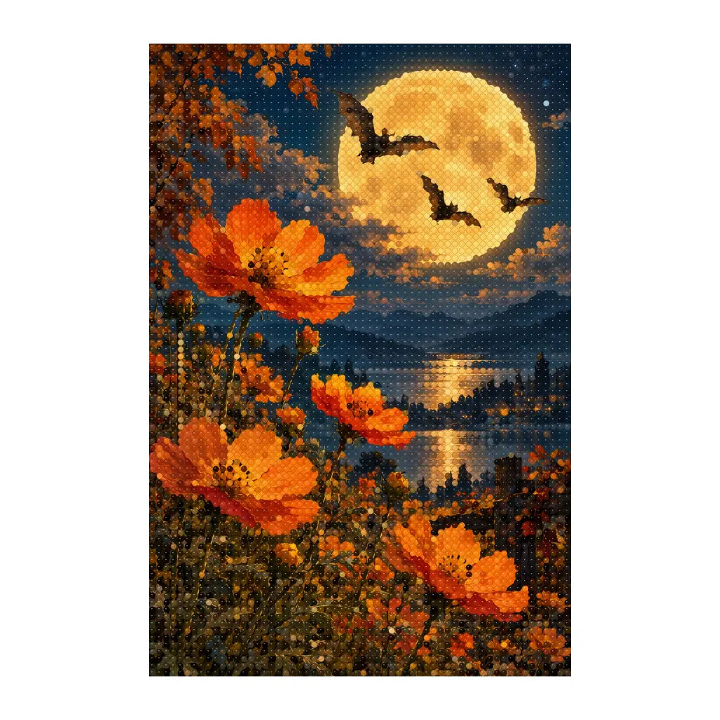 White-background finished diamond painting of moonlit bat garden