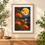 Framed home display of the moonlit bat garden diamond painting