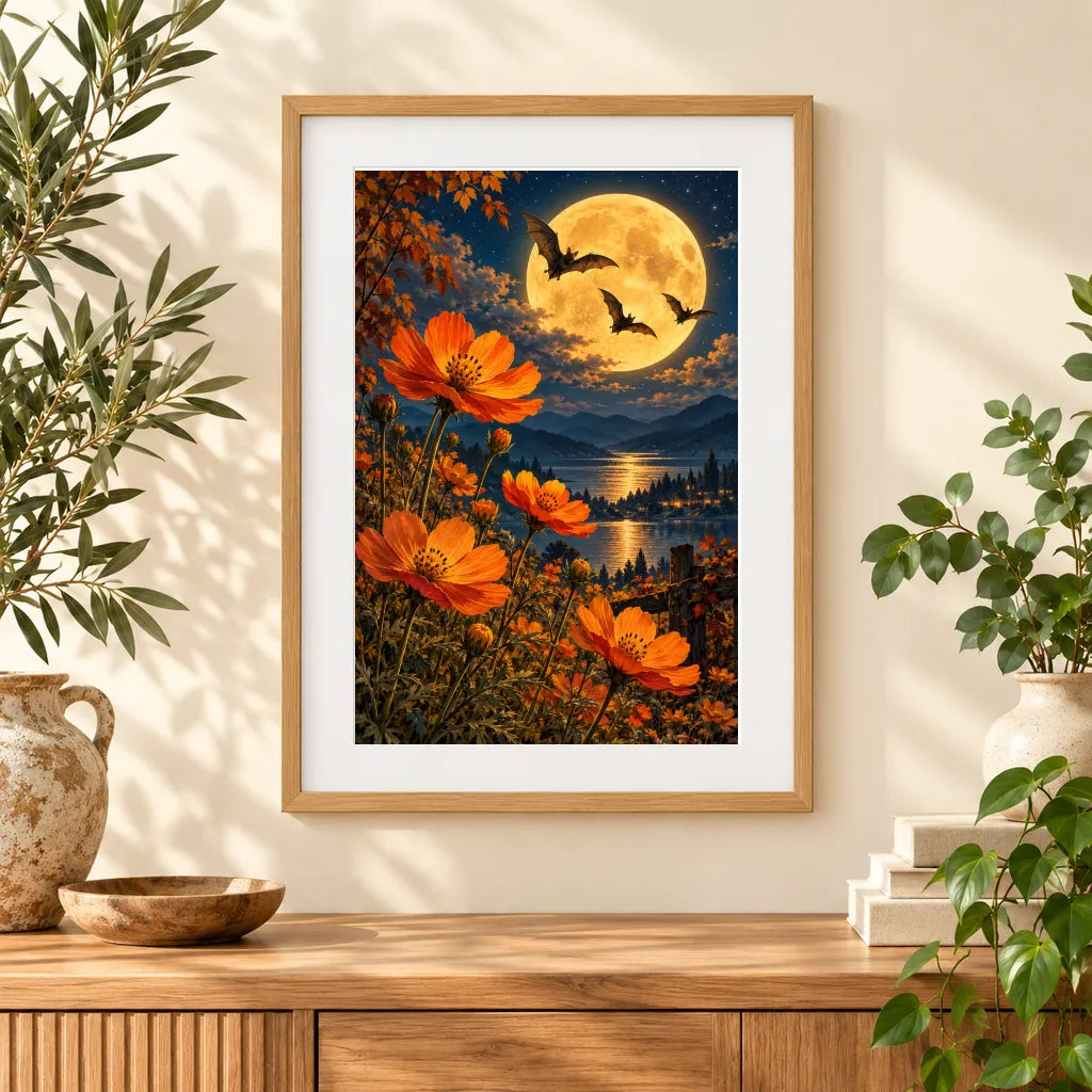 Framed home display of the moonlit bat garden diamond painting
